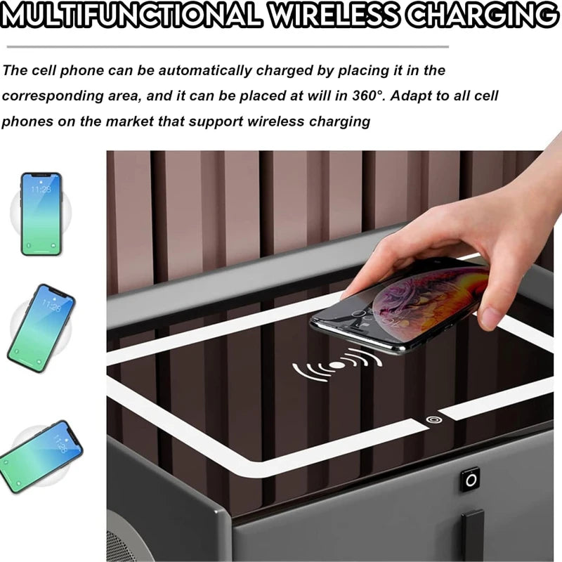 Drawer Modern Bedside Table Wireless Charging Station Fingerprint Lock Speaker 3 Color LED Lights Bedroom White 3 Drawers