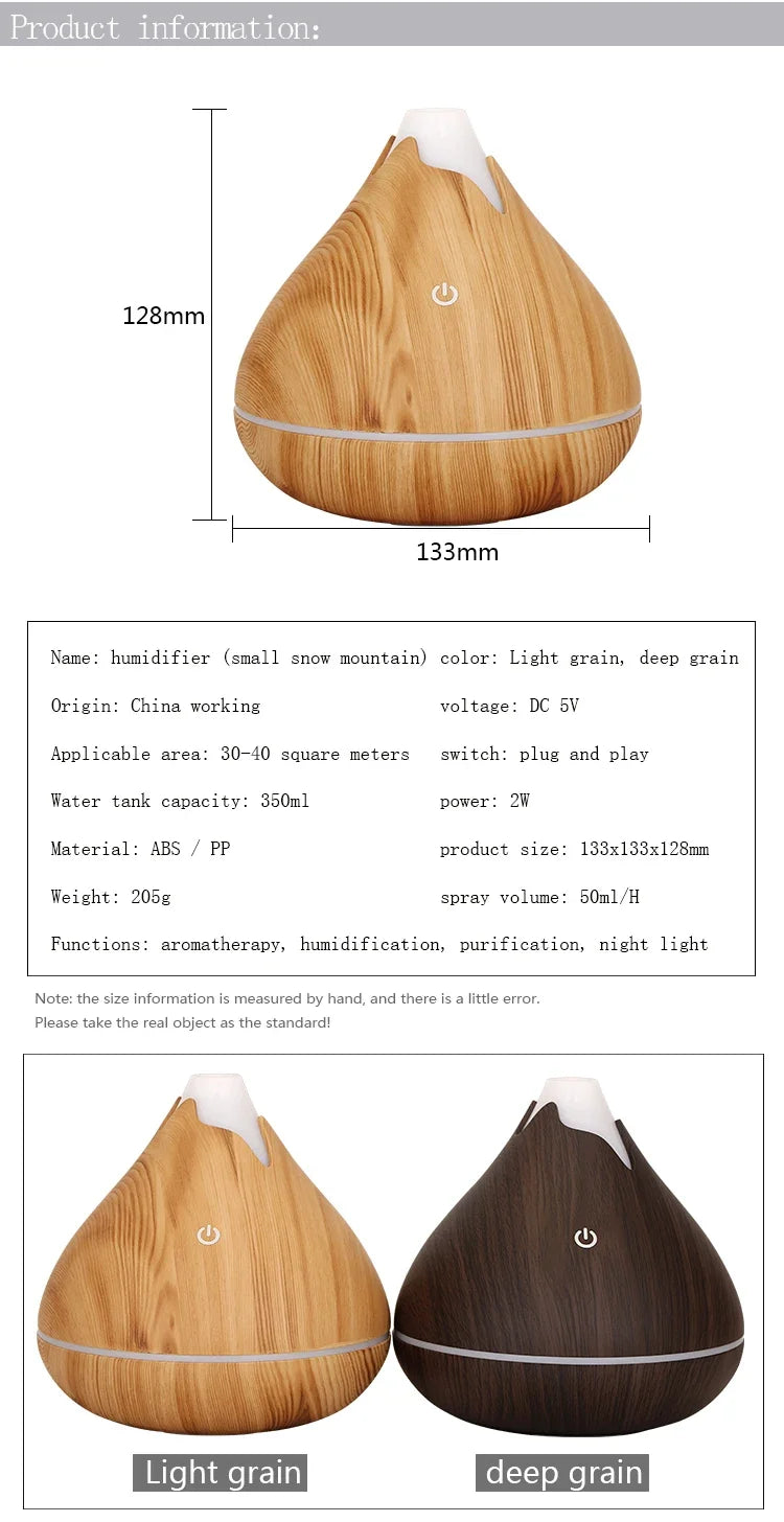 Aromatherapy Essential Oil Diffuser 350ML Wood Grain Remote Control Ultrasonic Air Humidifier Cool with 7 Color LED Light