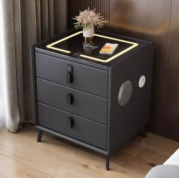 Drawer Modern Bedside Table Wireless Charging Station Fingerprint Lock Speaker 3 Color LED Lights Bedroom White 3 Drawers