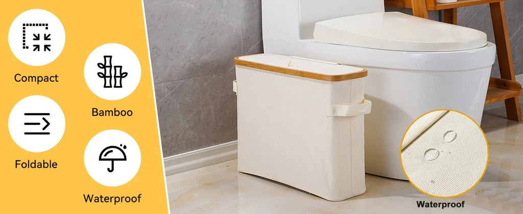 Bamboo toilet paper holder with lid - Self-contained bathroom organizer with handle, enclosed tissue storage box