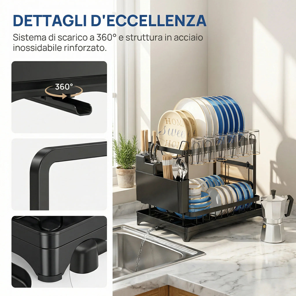 2-Tier Collapsible Dish Drying Rack with Drainboard - Carbon Steel Kitchen Dish Organizer for Plates, Bowls, Cups, Cutlery & Ute