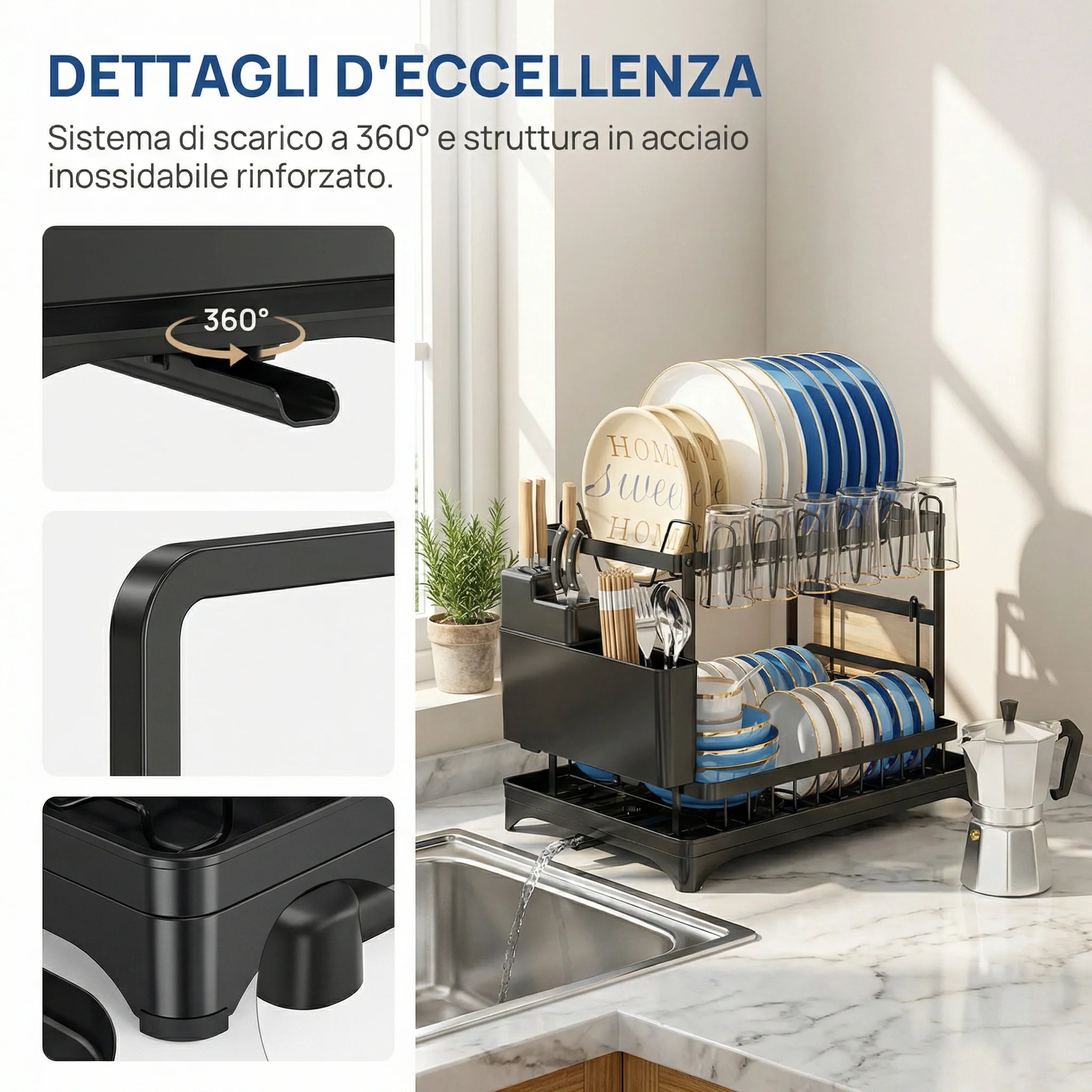 2-Tier Collapsible Dish Drying Rack with Drainboard - Carbon Steel Kitchen Dish Organizer for Plates, Bowls, Cups, Cutlery & Ute