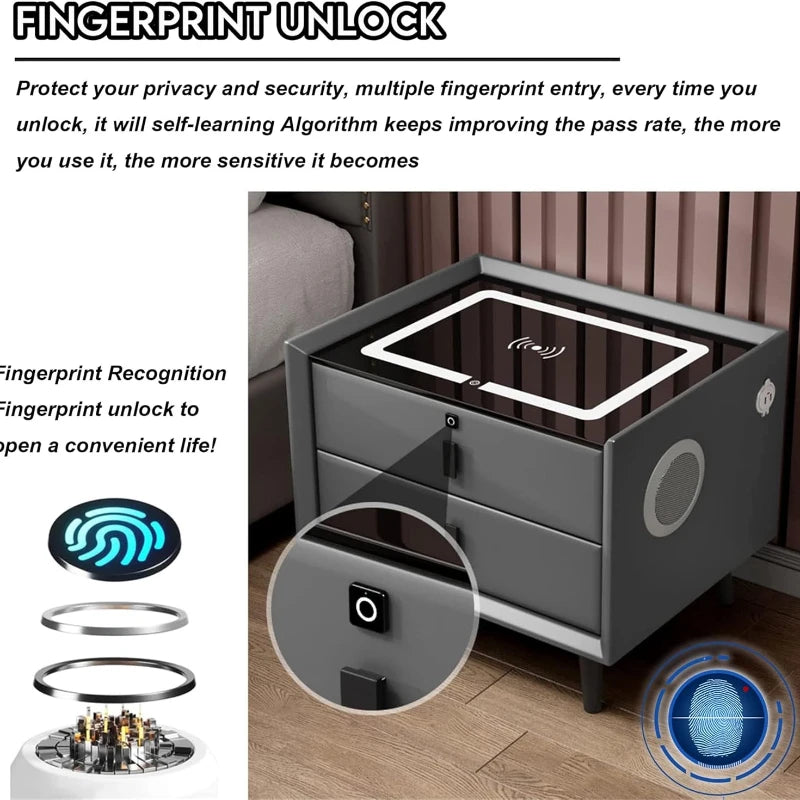 Drawer Modern Bedside Table Wireless Charging Station Fingerprint Lock Speaker 3 Color LED Lights Bedroom White 3 Drawers
