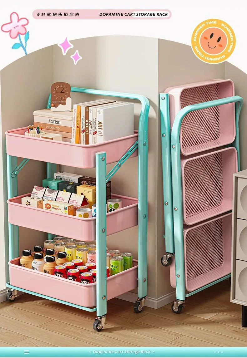Foldable Multi Tier Rolling Trolley Organizer Cart Kitchen Home Bedroom Books Snacks Portable Storage Cart Wheels Furniture