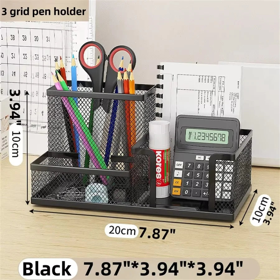 Black Mesh Desk Organizer with Pencil Holder And Storage Baskets 3 Compartments Office Supplies Caddy for Desktop Accessories