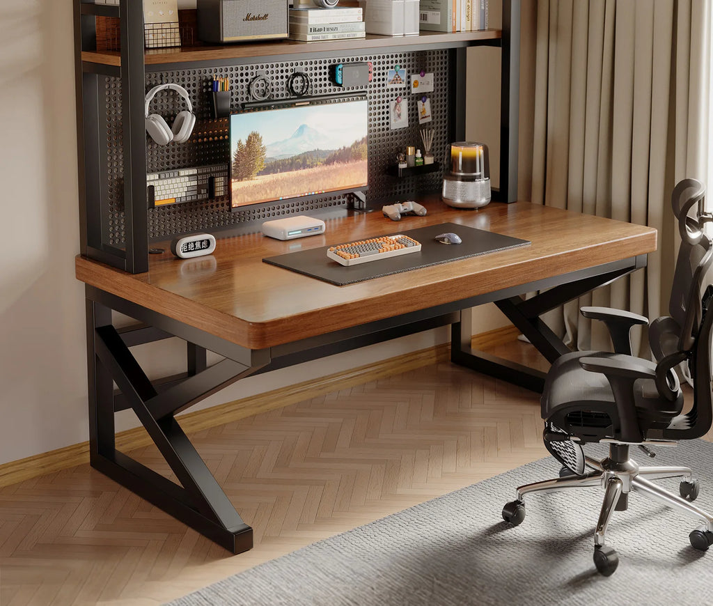 Solid wood computer desk, bedroom, home desktop gaming desk, student learning desk, perforated board desk, bookshelf integrated