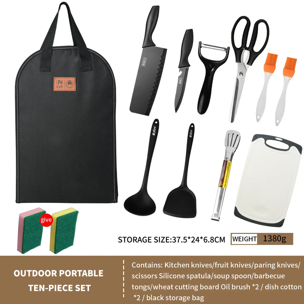 Portable outdoor utensils set of 10 pieces outdoor barbecue camping kitchen kitchenware for backpack BBQ titanium camping
