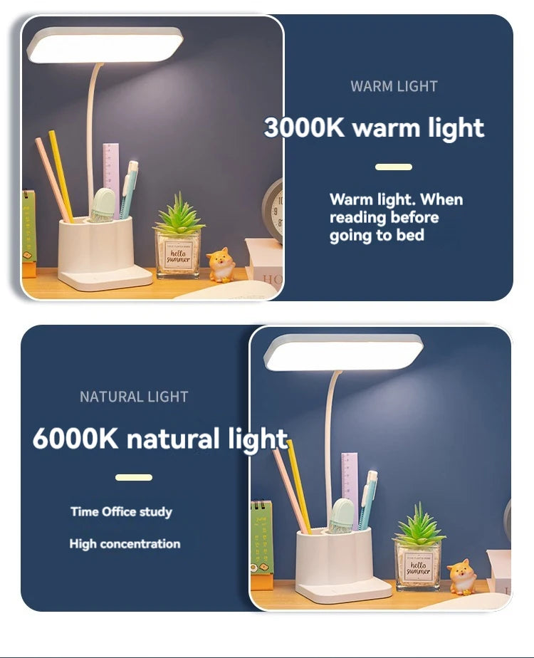 Desk Organizer Lamp, Dimmable Study Light with Pen Holders, Reading Lamp for Students Homework, Dorm Bedroom