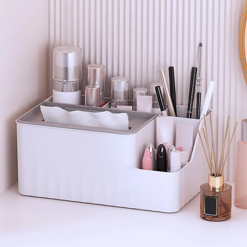 6-Section Desk Organizer - Multifunctional Tissue Box with Remote Holder, Plastic Storage for Living Room, Kitchen & Office