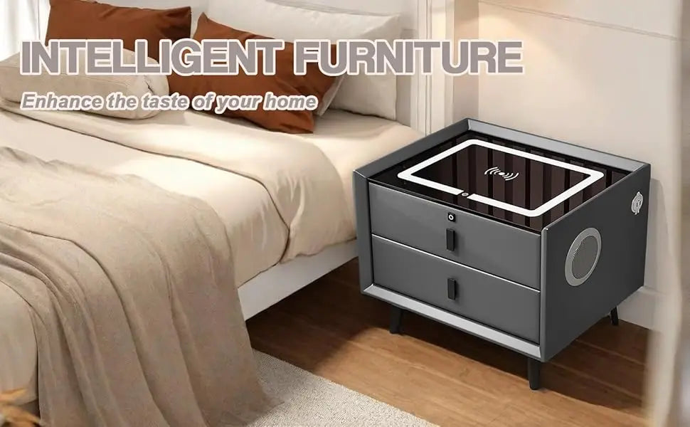 Drawer Modern Bedside Table Wireless Charging Station Fingerprint Lock Speaker 3 Color LED Lights Bedroom White 3 Drawers