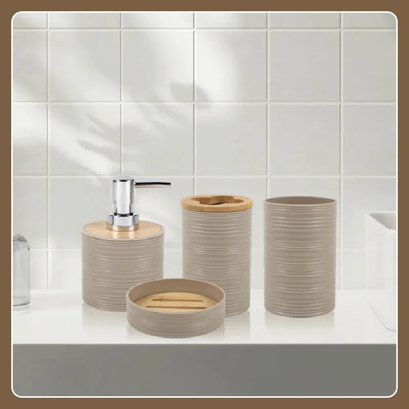 Rippled Bamboo-Look Bathroom Organizer Set - 4 Pcs PP Storage with Toothbrush Holder, Soap Dish, Dispenser & Cups