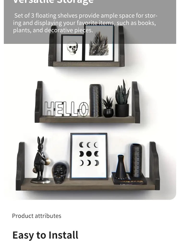 3 Set Floating Widened Wall Shelves Rustic Wood Wall Mounted Shelves Rack Decor Wood Shelf For Home Bathroom Bedroom Living