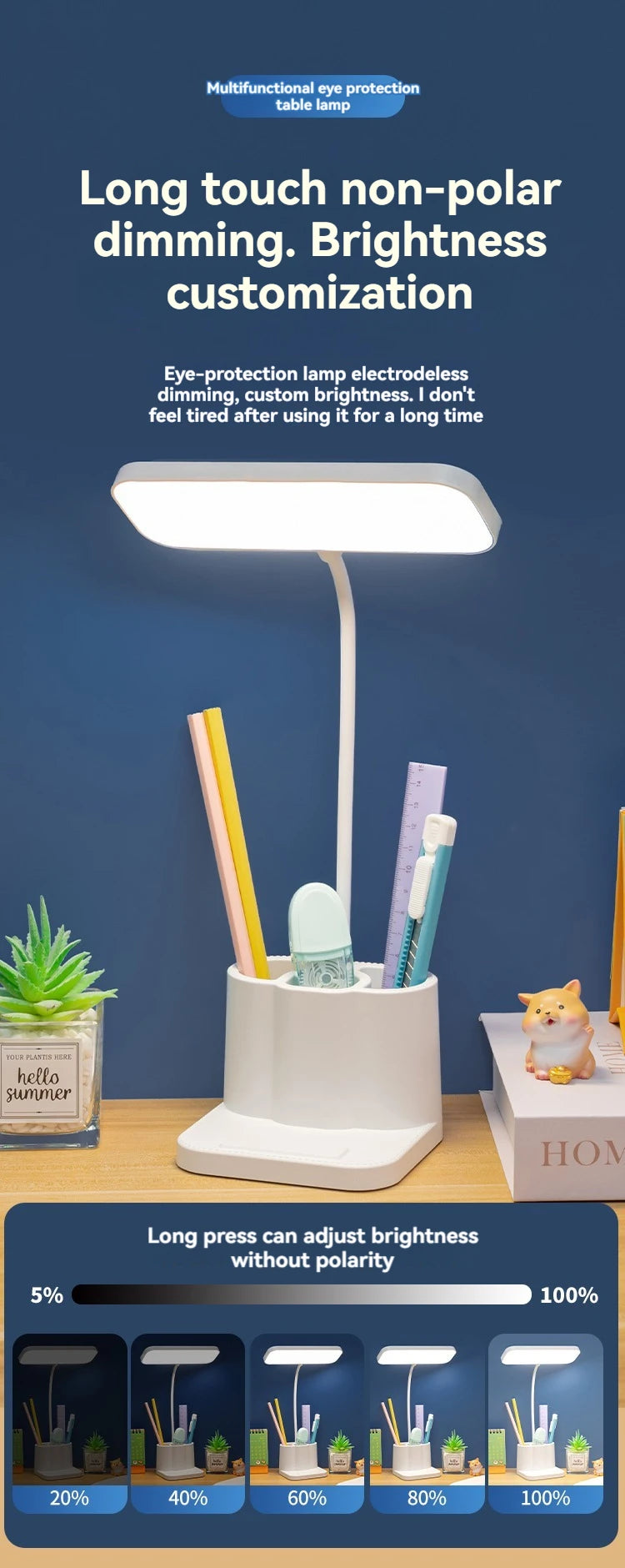 Desk Organizer Lamp, Dimmable Study Light with Pen Holders, Reading Lamp for Students Homework, Dorm Bedroom