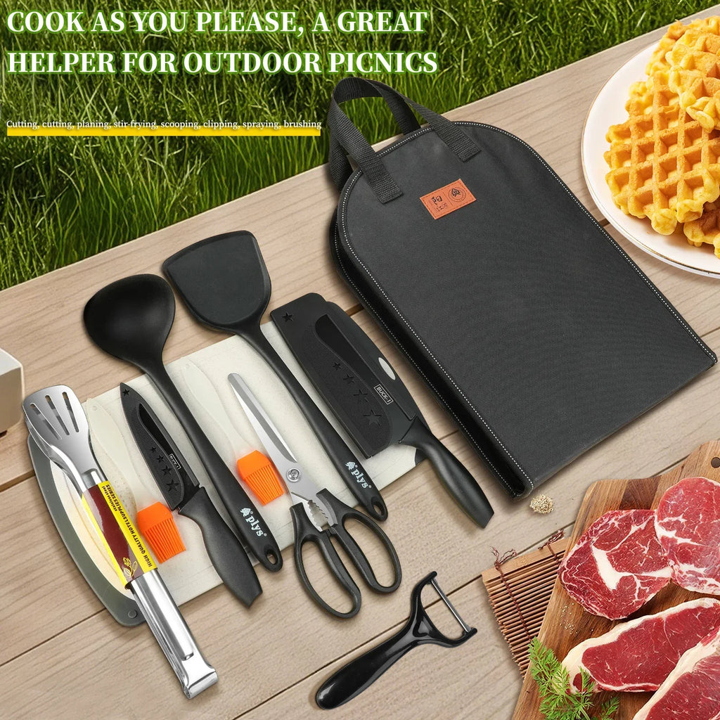Portable outdoor utensils set of 10 pieces outdoor barbecue camping kitchen kitchenware for backpack BBQ titanium camping