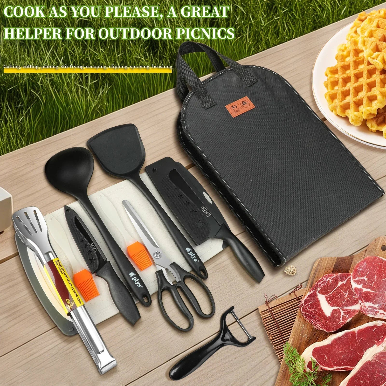 Portable outdoor utensils set of 10 pieces outdoor barbecue camping kitchen kitchenware for backpack BBQ titanium camping