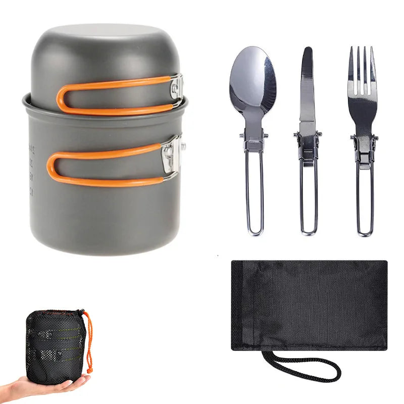 Outdoor camping pot set, made of hard aluminum alloy material, portable, 1-2 person picnic folding stove cookware set