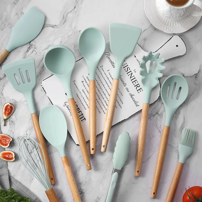 12pcs/set, Silicone Cooking Utensils Set With Wooden Handle, Colorful Non-stick Pot Special Cooking Tools Set, Heat Resistant