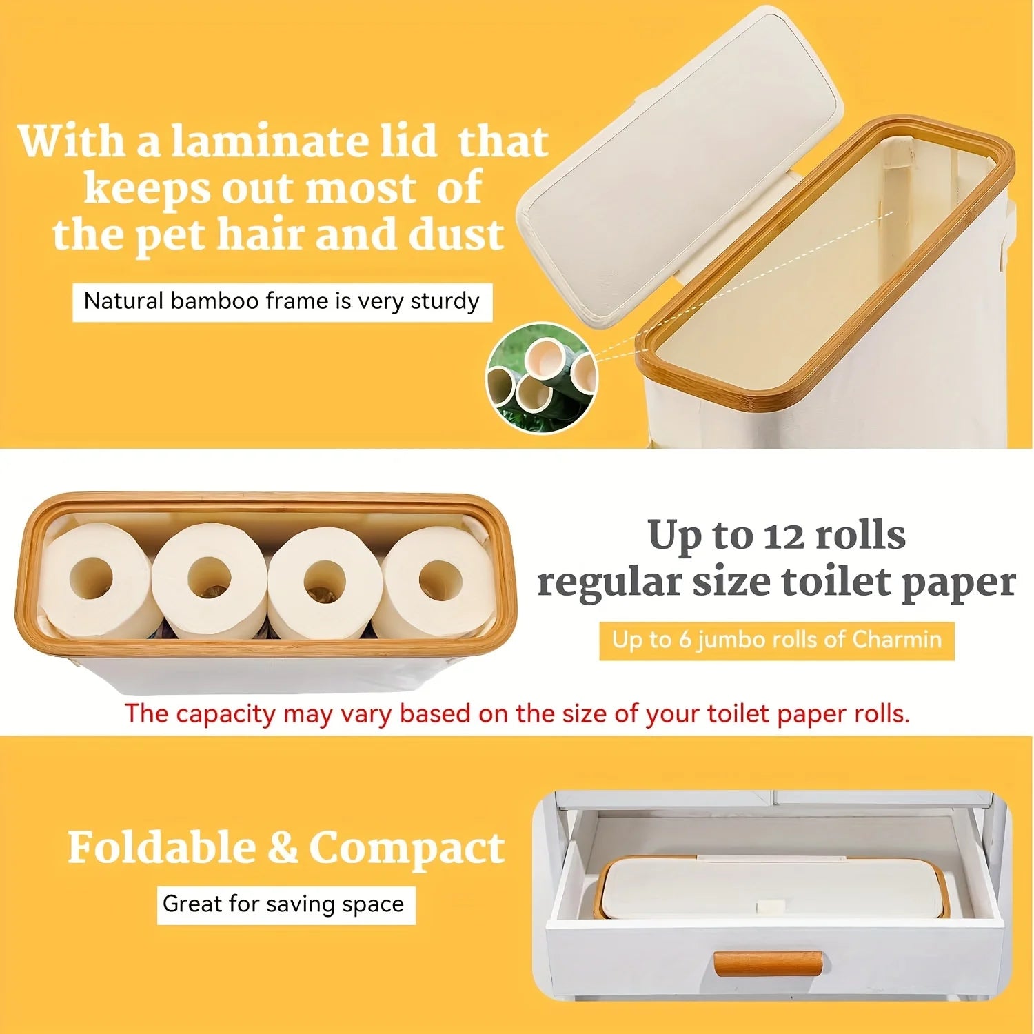 Bamboo toilet paper holder with lid - Self-contained bathroom organizer with handle, enclosed tissue storage box