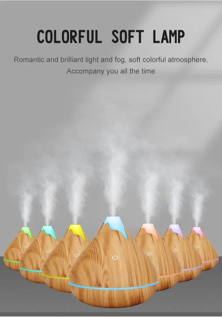 Aromatherapy Essential Oil Diffuser 350ML Wood Grain Remote Control Ultrasonic Air Humidifier Cool with 7 Color LED Light