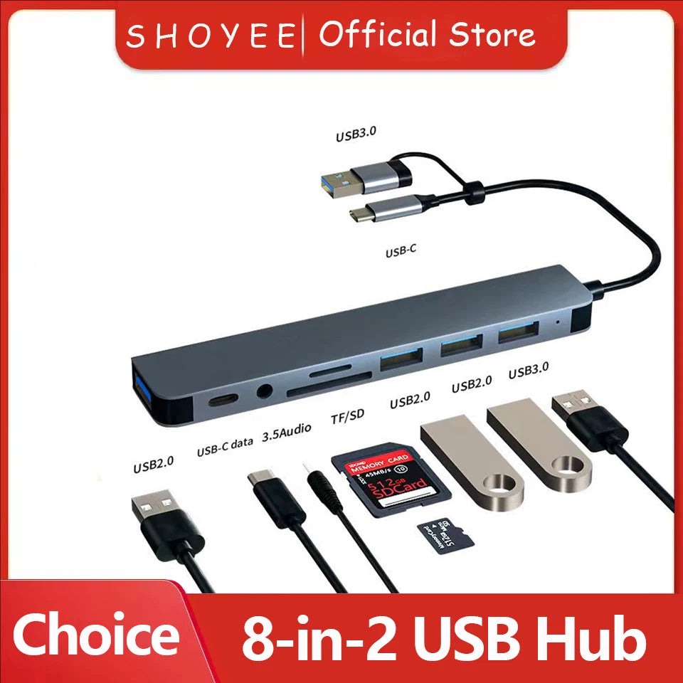 8 In 2 USB HUB With Splitter Card Reader, USB C Port, USB 3.0 / 2.0, SD/TF Splitter Card Reader, Docking Station