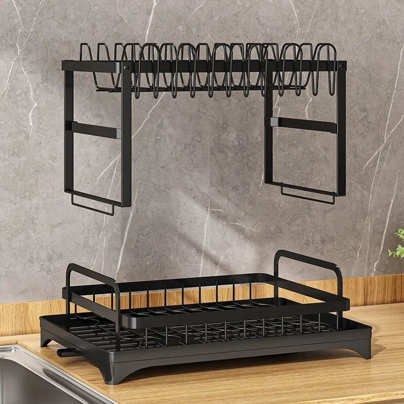 2-Tier Collapsible Dish Drying Rack with Drainboard - Carbon Steel Kitchen Dish Organizer for Plates, Bowls, Cups, Cutlery & Ute