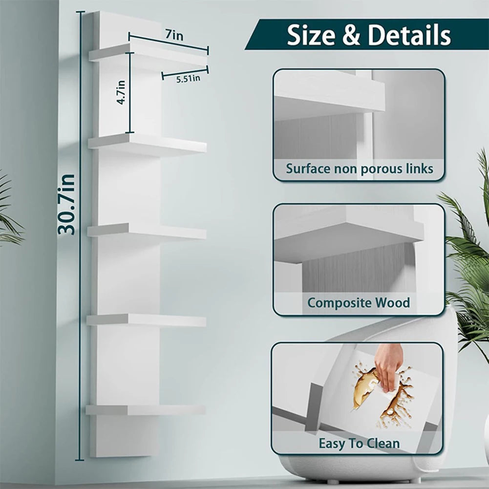 5 Tier Wall-Mounted Bookshelf Floating Shelves Wood Shelf Decor for Bathroom Storage Rack Thick Wall Kitchen Bookshelf Organizer