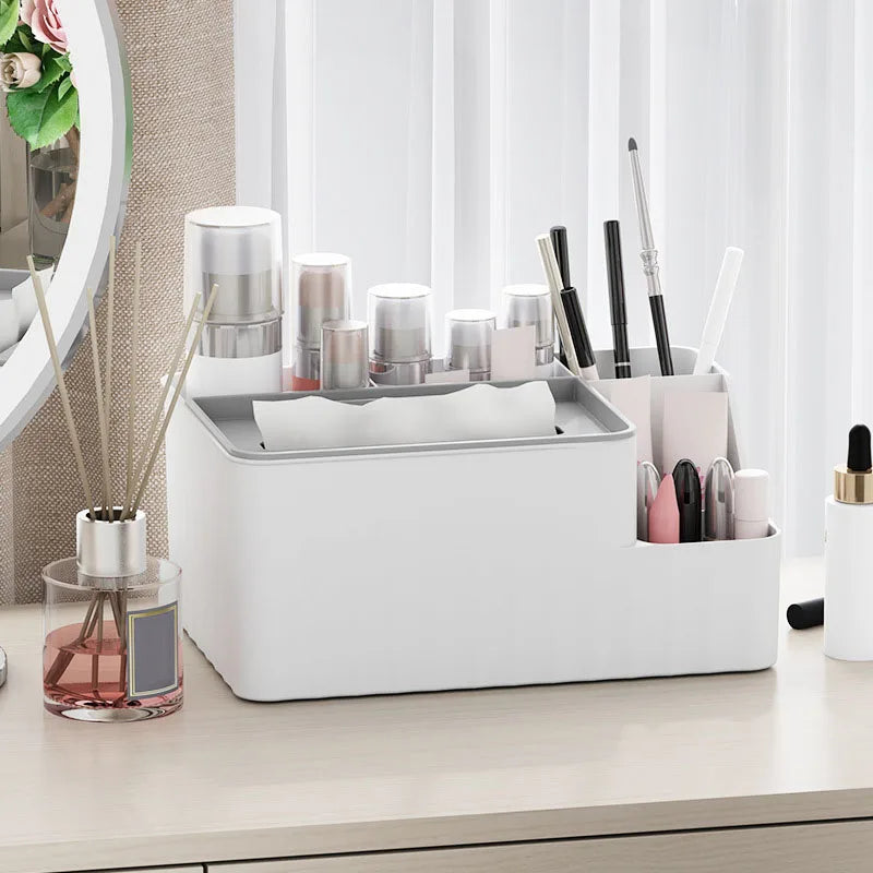 6-Section Desk Organizer - Multifunctional Tissue Box with Remote Holder, Plastic Storage for Living Room, Kitchen & Office