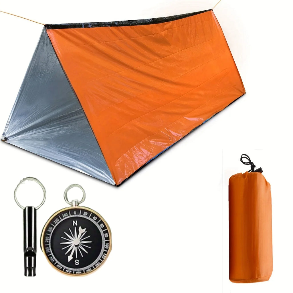 Outdoor emergency tent set with compass and whistle, wilderness survival camping set waterproof and portable