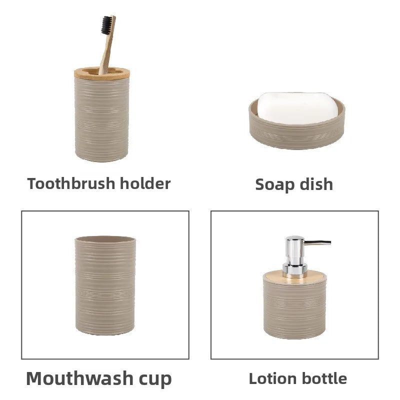 Rippled Bamboo-Look Bathroom Organizer Set - 4 Pcs PP Storage with Toothbrush Holder, Soap Dish, Dispenser & Cups