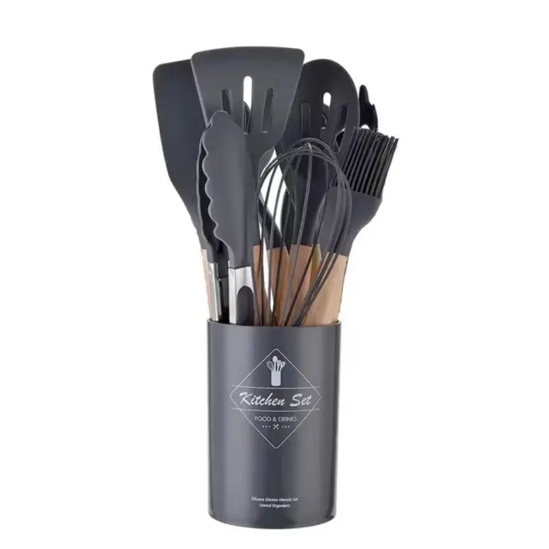 12pcs/set, Silicone Cooking Utensils Set With Wooden Handle, Colorful Non-stick Pot Special Cooking Tools Set, Heat Resistant