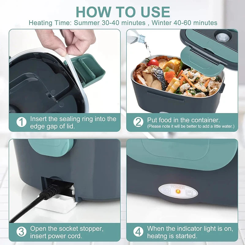 Portable Electric Stainless Steel Lunch Box with Meal Tray Food Preservation Heating Warmer Dinner Container Set