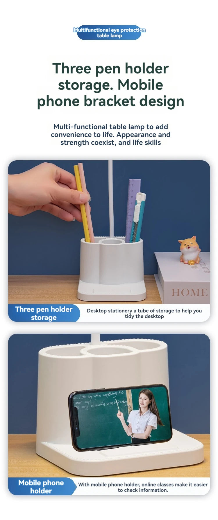 Desk Organizer Lamp, Dimmable Study Light with Pen Holders, Reading Lamp for Students Homework, Dorm Bedroom