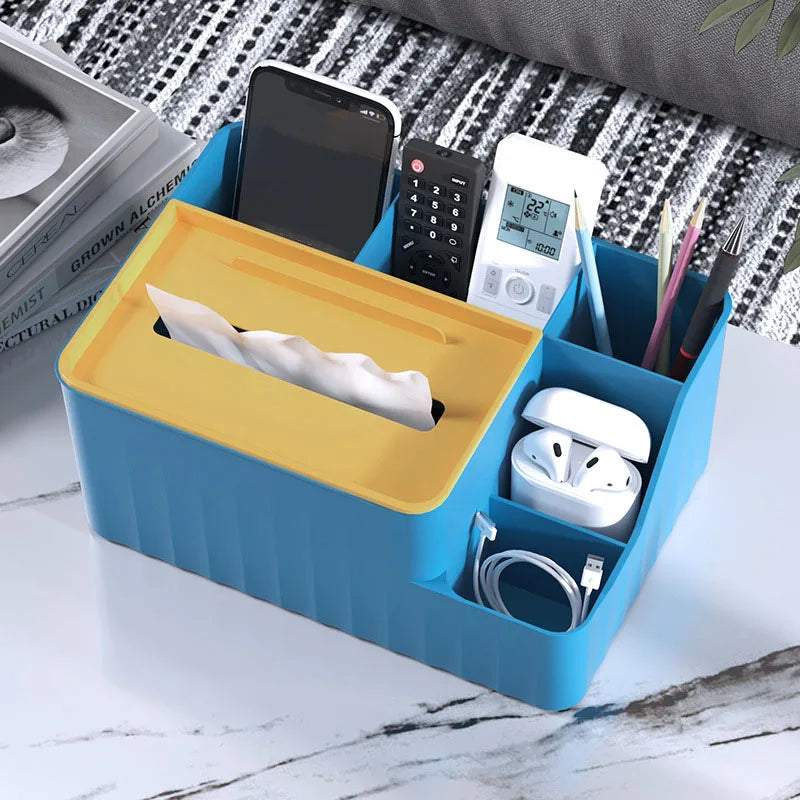 6-Section Desk Organizer - Multifunctional Tissue Box with Remote Holder, Plastic Storage for Living Room, Kitchen & Office
