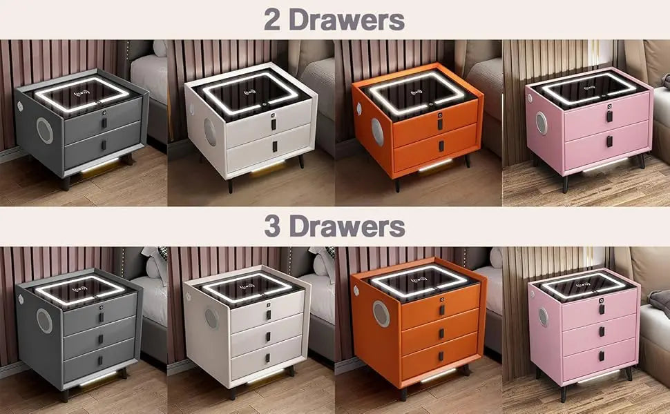 Drawer Modern Bedside Table Wireless Charging Station Fingerprint Lock Speaker 3 Color LED Lights Bedroom White 3 Drawers
