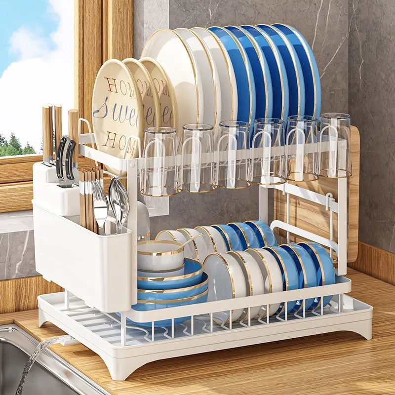 2-Tier Collapsible Dish Drying Rack with Drainboard - Carbon Steel Kitchen Dish Organizer for Plates, Bowls, Cups, Cutlery & Ute