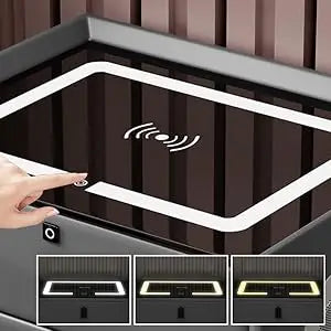 Drawer Modern Bedside Table Wireless Charging Station Fingerprint Lock Speaker 3 Color LED Lights Bedroom White 3 Drawers