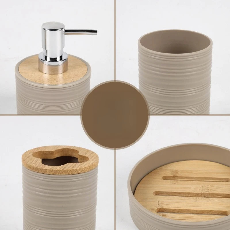 Rippled Bamboo-Look Bathroom Organizer Set - 4 Pcs PP Storage with Toothbrush Holder, Soap Dish, Dispenser & Cups