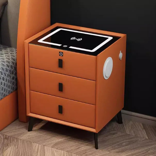 Drawer Modern Bedside Table Wireless Charging Station Fingerprint Lock Speaker 3 Color LED Lights Bedroom White 3 Drawers