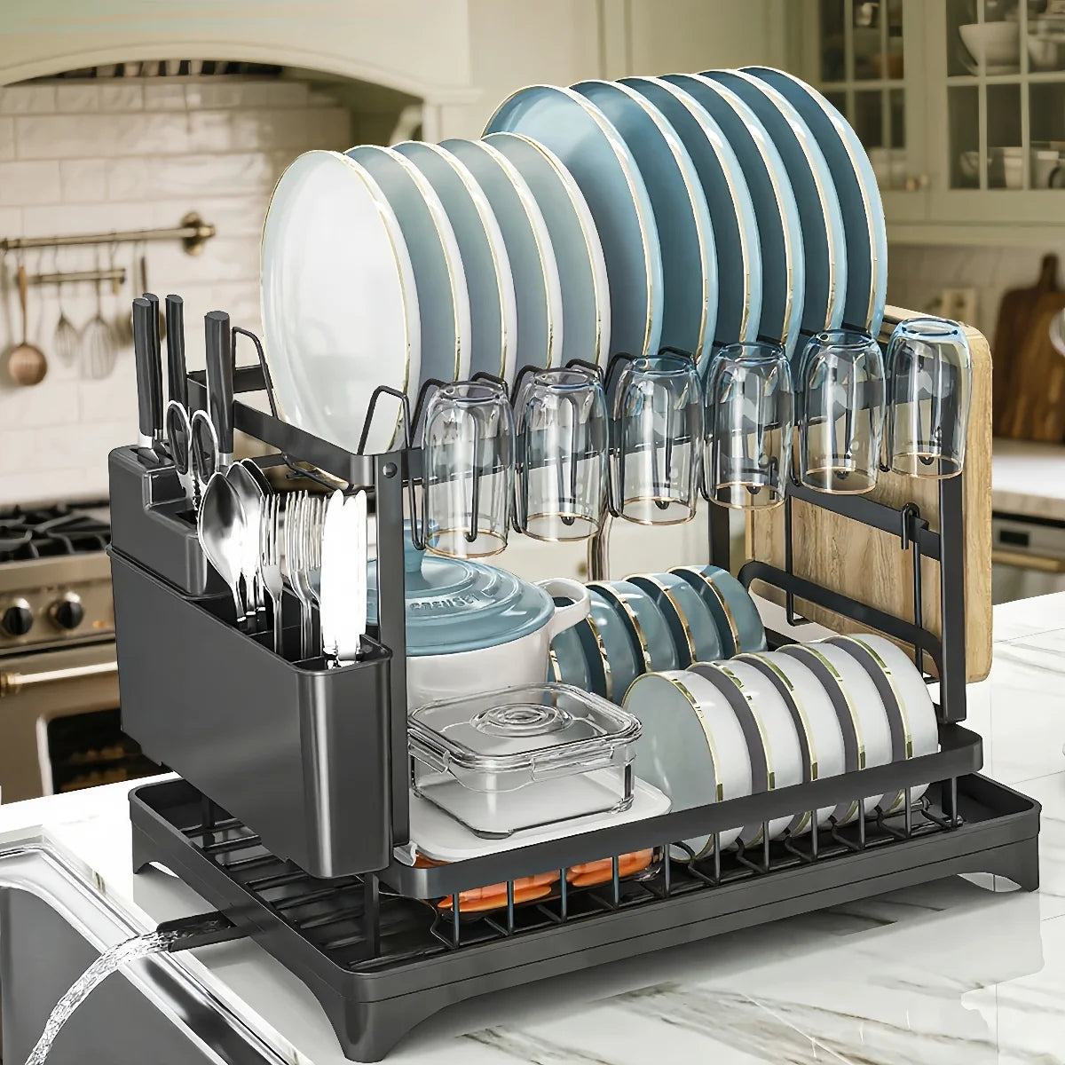 Dish Drying Rack, 2 Tier Dish Racks for Kitchen Counter, Large Drying Rack with Drainboard, Rustproof Dish Drainer Organizer