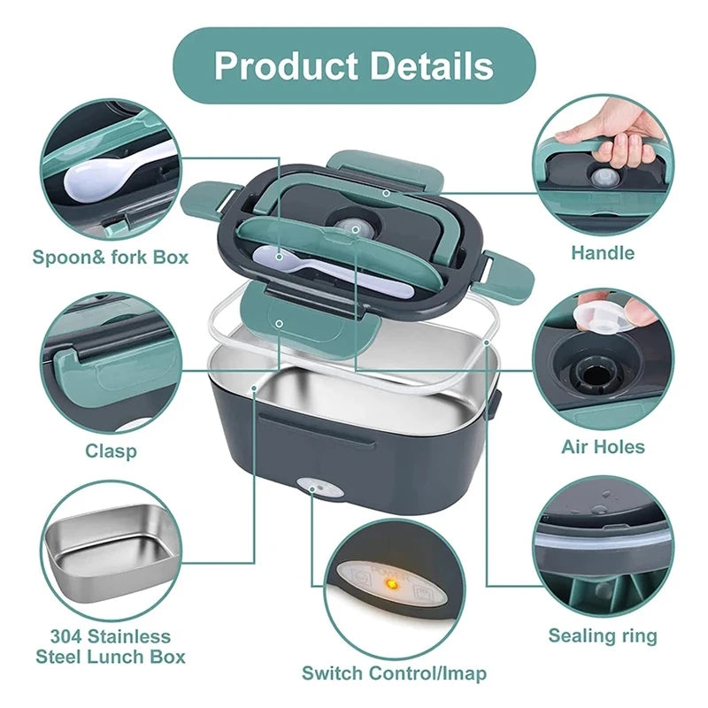 Portable Electric Stainless Steel Lunch Box with Meal Tray Food Preservation Heating Warmer Dinner Container Set