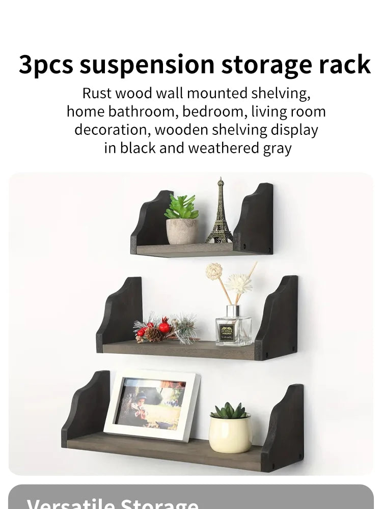 3 Set Floating Widened Wall Shelves Rustic Wood Wall Mounted Shelves Rack Decor Wood Shelf For Home Bathroom Bedroom Living