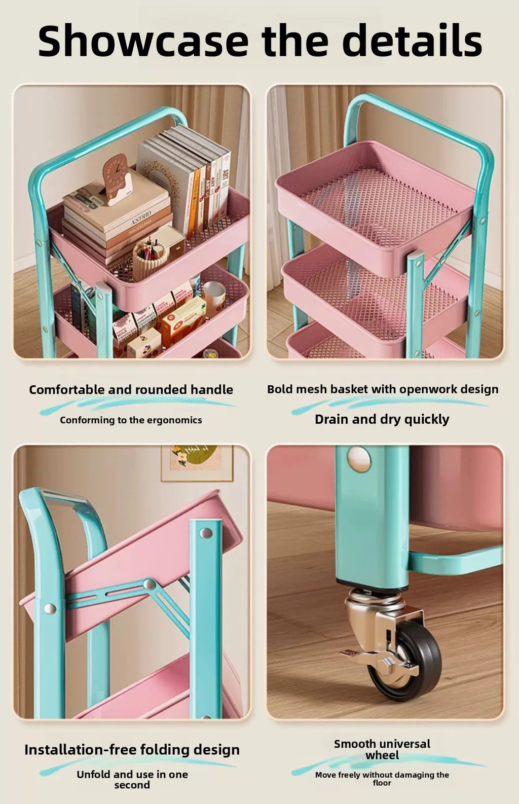 Foldable Multi Tier Rolling Trolley Organizer Cart Kitchen Home Bedroom Books Snacks Portable Storage Cart Wheels Furniture