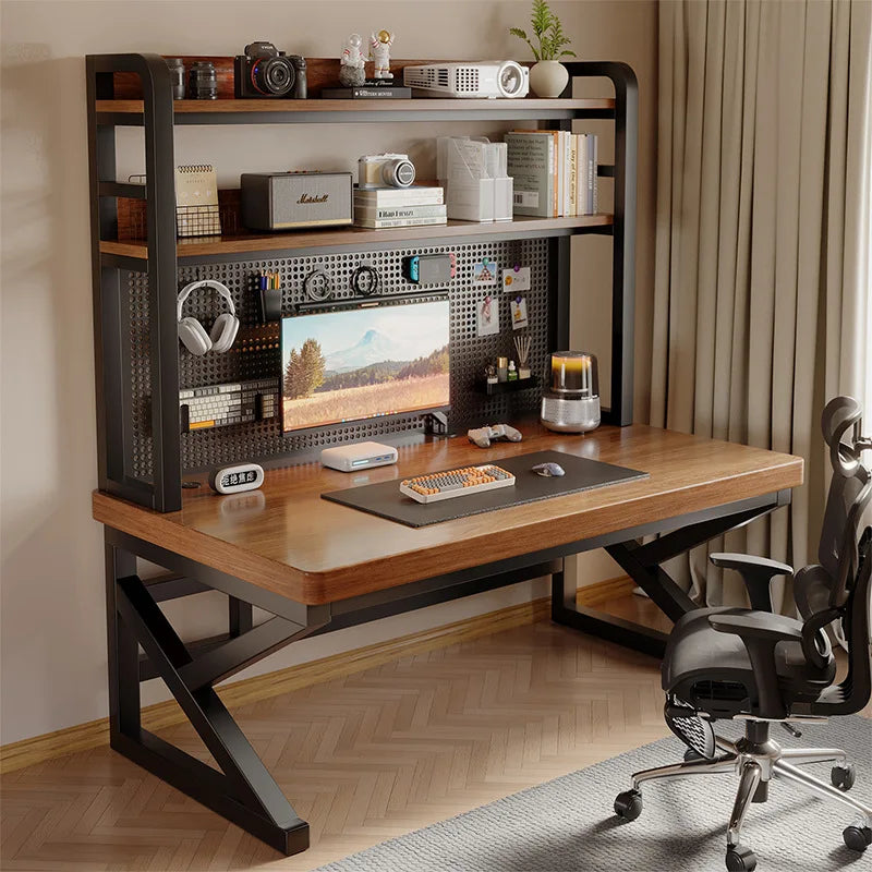 Solid wood computer desk, bedroom, home desktop gaming desk, student learning desk, perforated board desk, bookshelf integrated