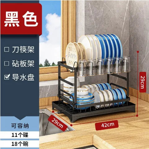 2-Tier Collapsible Dish Drying Rack with Drainboard - Carbon Steel Kitchen Dish Organizer for Plates, Bowls, Cups, Cutlery & Ute
