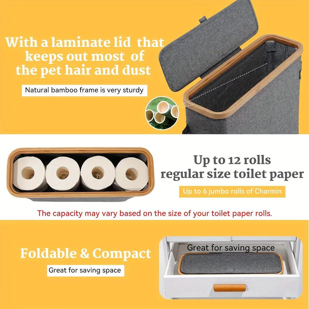 Bamboo toilet paper holder with lid - Self-contained bathroom organizer with handle, enclosed tissue storage box