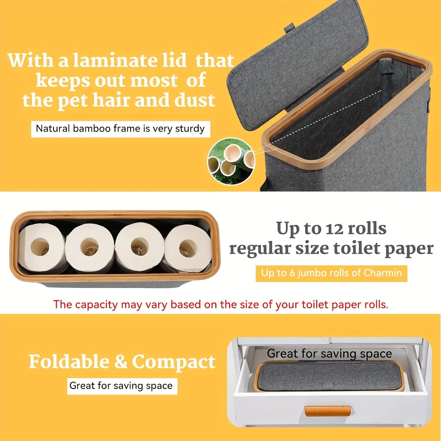 Bamboo toilet paper holder with lid - Self-contained bathroom organizer with handle, enclosed tissue storage box