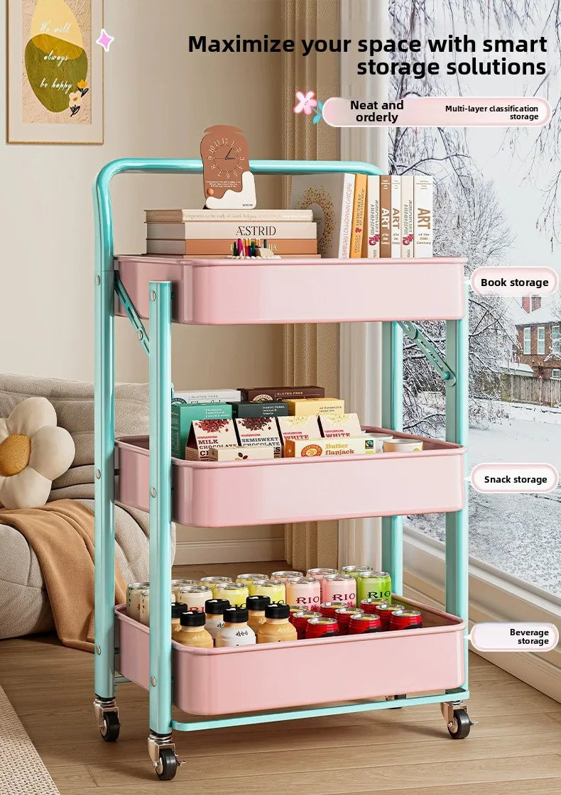 Foldable Multi Tier Rolling Trolley Organizer Cart Kitchen Home Bedroom Books Snacks Portable Storage Cart Wheels Furniture