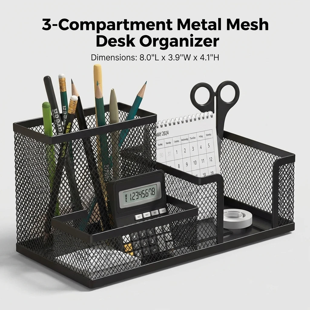 Black Mesh Desk Organizer with Pencil Holder And Storage Baskets 3 Compartments Office Supplies Caddy for Desktop Accessories